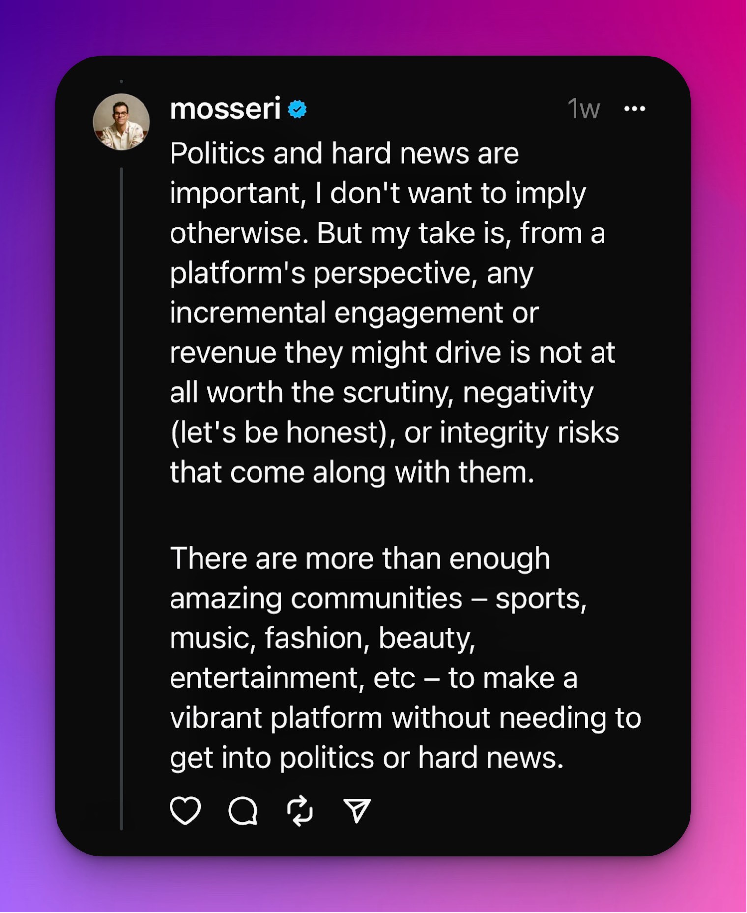 Threads Politics News Example Mosseri post