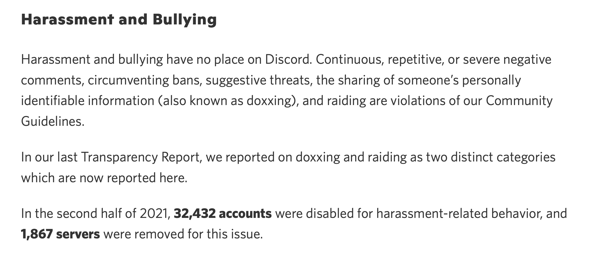 Discord transparency report harssment